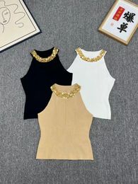 Women's Tanks 2024 Summer Women Beading Knitted Celebrity Sleeveless Tank Tops Pullover Ladies Gold Sequins Cotton Camisole T Shirt F210