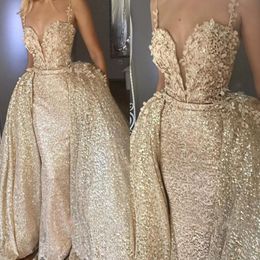 Luxury Champagne Evening Dresses With Detachable Skirt Celebrity Holiday Women Wear Formal Party Prom Gowns Custom Made Plus Size 2418