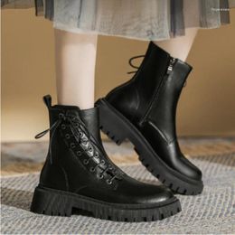 Boots Womens Spring Autumn 2024 Ankle White Black British Style Leather Platform Shoes Women Lace Up Zipper Booties