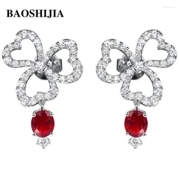 Stud Earrings BAOSHIJIA Solid 18k White Gold Lucky Clover Ruby SI/H Diamond Heart Shape Women's Fashion Jewellery Romantic