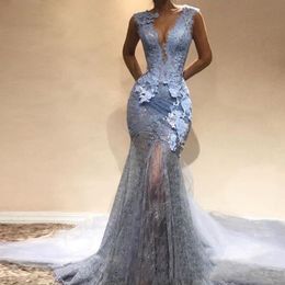 Abendkleider 2020 Dusty Blue Lace long Mermaid Prom Dresses Sexy V Neck Sleeveless Formal Party Gowns Vestido De Festa 308b