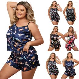 Women's Sleepwear Simulated Silk Large Size Pyjamas Summer Round Neck Suspenders Sexy Home Wear Suit Thin Section