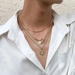 Pendant Necklaces 3Pcs/Set Hip Hop Portrait Round Necklace For Men Trendy Punk Gold Colour OT Buckle Thin Chain Street Versatile Jewellery