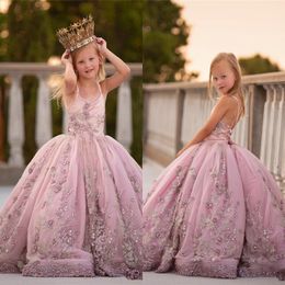 2019 Dusty Pink Lace Appliqued Ball Gown Flower Girl Dresses Vintgae Pearl Beaded Spaghetti Fiormal Girl Party Birthday Communication G 207t