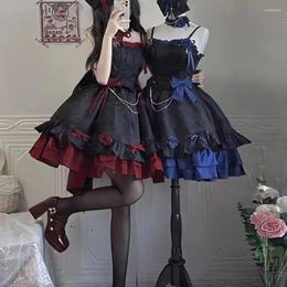 Casual Dresses Coalfell Dark Red Vintage Blue Gothic Lolita Jsk Dress Women Slip Pettiskirt Exquisite Rose Ruffles Party