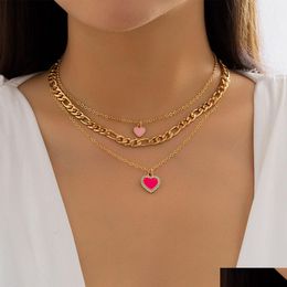 Chokers Sweet Cool Pink Color Love Shaped Pendant Necklace Set Thickness Neck Chain Stacked For Women Dating Gift Creative Jewelry D Dhtcb