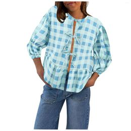 Women's Blouses Y2k Plaid Shirt Elegant Women Clothes Korean Style Shirts Lace Up Hollow Out Puff Sleeve Blouse 2000s Aesthetic Tops