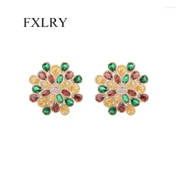 Stud Earrings FXLRY Super Flash Colour Inlay Cubic Zirconia Exaggerated Flower Big For Women Wedding Jewellery