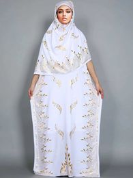 Ethnic Clothing New Fashion Summer Dress With Big Scarf Dubai Turkey Kaftan Muslim Loose Abaya Women African Casual Maxi Gold Stamping Robe T240510