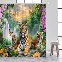 Shower Curtains Wild Tiger Curtain Tropical Jungle Waterfall Forest Animals Butterfly Flowers Rustic Bathroom Decor With Hooks