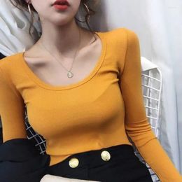 Women's T Shirts Fantastic Sexy Big U-Neck Solid Long Sleeve T-shirt Autumn Fit Versatile Simple Bottom Top