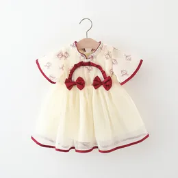 Girl Dresses (0-3 Years Old) Summer Baby Cotton Play Mesh Bow Chinese Style Dress Cute Flower Short Sleeved Hanfu