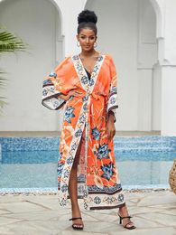 Summer Orange Boho Print Self Belted Front Open Long Kimono Dress Beach Tunic Women Swim Suit Cover Up Q996