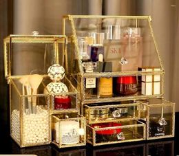 Storage Boxes Glass Gold Bathroom Organizer/Stackable 2Pieces Drawer Set Storage/Antique Countertop Vanity Cosmetic Box Mirror