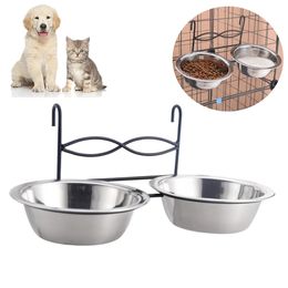 Pet Feeding Bowl Hanging Cats Dogs Food Water Bowls Stainless Steel Puppy Kitten Feeder Can Be Fixed Pets Crate Cage Double Bowl 240508