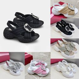 Square Crystal Buckle Sandal Platform Sandale Designer Sandals Women Summer Beach Shoes Crossed Straps Fabric Travel Casual Shoes Upper Cratered Rubber Outsole