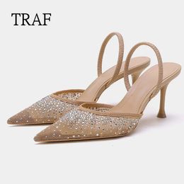 Summer High TRAF Women Heeled Fashion Mesh Rhinestone Slingback Pumps Elegant Woman Sandals Party Lady Shoes d