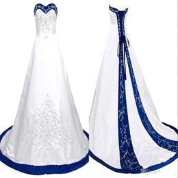 Royal Blue And White Wedding Dress Embroidery Princess Satin A line Lace up Back Court Train Sequins Beaded Long Cheap Wedding Gowns 263s