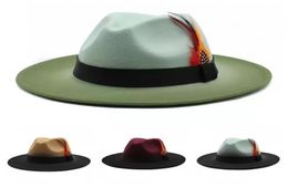 Stingy Brim Hats Matching Color Gradient Feather Jazz Hat Lady039s Woolen Tweed Top Men039s And Women039s Outdoor Felt9191711