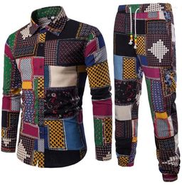 Mens Vacation Set Linen Long Pant Ethnic Style Patchwork Male Suit Festival Wear Plus Size 5XL Europe Slim Shirt 2022 Autumn8406050