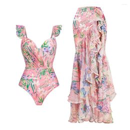 Women's Swimwear V-Neck Floral Swimsuit Holiday Designer Mesh Splicing Skirt Sarong Bathing Suit