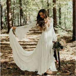 Chic Ivory Lace Boho Wedding Dress Civil Forset Country Wedding Dresses Deep V Neck Poet Sleeves Summer Beach Wedding For Bride 333l