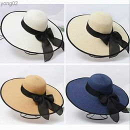 Summer Casual Wide Brim Straw Hat for Women Sun Cap with Bow Ladies Vacation Beach Hats Big Visor Floppy