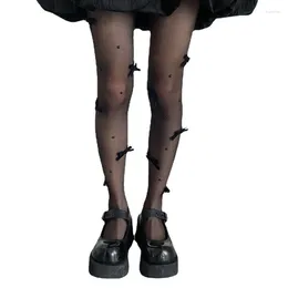 Women Socks Gothic Black Silky Transparent Pantyhose Harajuku Japanese Sweet Bowknot Pearl Bead Sheer Tights Cosplay Stockings