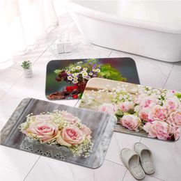 Carpets Bucket Flowers Pink Roses Vase Printed Flannel Floor Mat Bathroom Decor Carpet Non-Slip For Living Room Kitchen Welcome Doormat