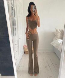 Women039s Two Piece Pants Sexy Set Women Solid Button Backless Camis Crop Top Hollow Out Flare Fall Outfits Club Birthday Y2k M6266614