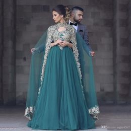 2019 Fashion Hunter Green V Neck Applique Sleeveless Prom Dresses with Cape For Engagement Evening Gowns Mother of the Bride Dress Plus 201R