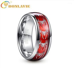 Wedding Rings BONLAVIE 8mm Wide Inlaid Red Opal Paper Spider Motif Tungsten Steel Men039s Ring Band Carbide Ring18411048