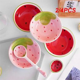 Bowls 2/4PCS Japanese Ceramic Bowl Watermelon Strawberry Cute Tableware Children Cartoon Long Handle Spoon Rice Soup Kitchen