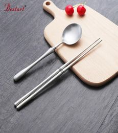 New Hashi Silver 1810 Stainless Steel Korean Chopstick and Spoon Set Dinnerware Matte Dessert Spoon Long Handle Chop Sticks Set3135403