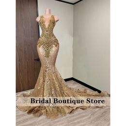 Gold Diamonds Long Prom Dresses 2024 Sparkly Beads Rhinestone Crystal Sequins For Black Girls Birthday Party Gown