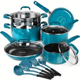 Cookware Sets Nonstick Pots And Pans Set 15 Piece Enamel With Stone-derived Coating Kitchen 5 Utensils