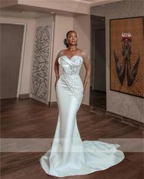 Luxury Beaded Mermaid White Prom Dresses Crystals African Black Girls Birthday Party Gown Sexy O Neck Appliques Evening Dress Fashionable