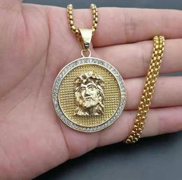 Pendant Necklaces Hip Hop Iced Out Rhinestone Jesus Piece Neck Pendants Gold Color Stainless Steel Chain For Men Jewelry6359107