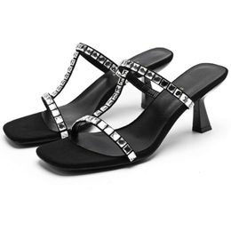 Rhinestone Sandals Square Toe High Heels Open-toe Flip-flops Fashion Designer Pumps Slingback Slipper Women