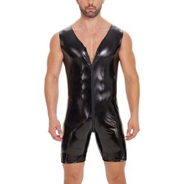 S-7XL Mens Sexy Shiny Bodysuit Crotchless Double Zipper Open Crotch Leotard Short Sleeve Males Wetlook Leather Jumpsuit Catsuit Costumes