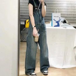 Women's Jeans Women's Vintage Dark Blue Denim Suspender Jumpsuit Spring Autumn Outfits Y2k Clothing Long Pants Trousers 2024