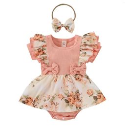 Girl Dresses Baby Girls Jumpsuit Dress With Bowknot Design Pit-striped Floral For Weather Daily Wear SP99