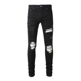 Mens cracked silver leather patch bicycle jeans street clothing tight band elastic denim pants hole cracked patch black Trousers 240508