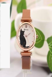 Fashion Cat Watches Women Quartz Wristwatches Rose Gold Mesh Band Magnet Design Casual Ladies Student Clock8168256