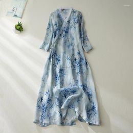 Ethnic Clothing 2024 Daily Elegant Chinese Style Dress National Solid Color Printing Art Vestido Oblique Front Lacing Cotton Line