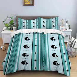 Bedding Sets Brushed Polyester 3-piece Set Warm And Skin Friendly With A Vertical Strip Combination Lake Blue Light Grey