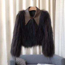 Women's Jackets 2024 Winter Raccoon Dog Wool Car Strip Internet Celebrity Leather Sheep Lapel Real Fur Short Coat
