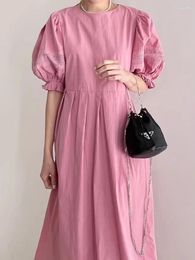 Casual Dresses Vintage Age-reducing O Neck Vestidos Openwork Crochet Patchwork Pleated High Waist Slim Lantern Sleeve Dress Women