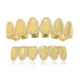 Hip Hop Iced Out Cubic Zirconia Mirror Face Tooth Grillz for Women Men Body Jewellery Gold Teeth Grills 6/6 Top Bottom Cap Set 240507