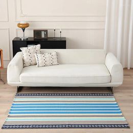 Carpets Bohemian Blue Striped Rugs Cotton Linen Retro Carpet For Bedroom Living Room Anti-Skid Area Rug Ethnic Style Handmade Floor Mat